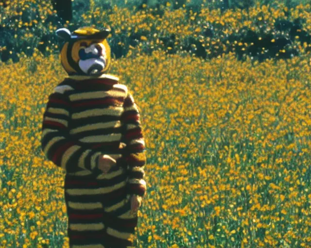 Prompt: William Dafoe in the bee costume on the sunny meadow with clear sky, film still, high detail