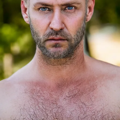 Image similar to close up of face of very handsome 4 0 year old slavic blond man with blond stubble, very short wavy blond hair in a short pompadour style, pale skin, very dark blue eyes, hairy shoulders, hairy chest, portrait, 4 k