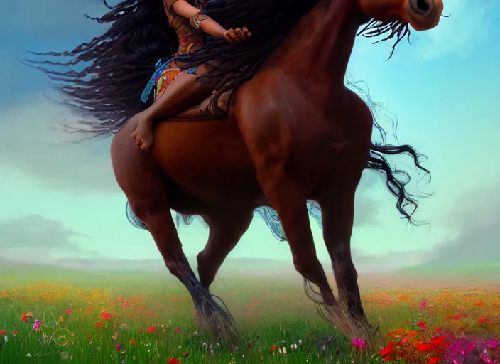 Image similar to full body portrait of young black woman riding a horse, flowing dreads, beautiful clydesdale, field of colorful flowers, highly detailed, digital painting, artstation, concept art, smooth, sharp focus, illustration, face by wlop, illustrated by mars ravelo and greg rutkowski