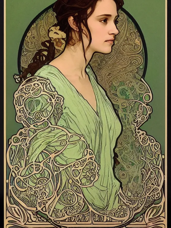 Image similar to an art nouveau mucha poster style head and shoulders portrait oil painting of a pretty young alicia jessica vikander alba wearing an oversize grey - green t - shirt, intricate, detailed, smooth, complex, elaborate, by alphonse mucha and james gurney and john william waterhouse and bouguereau