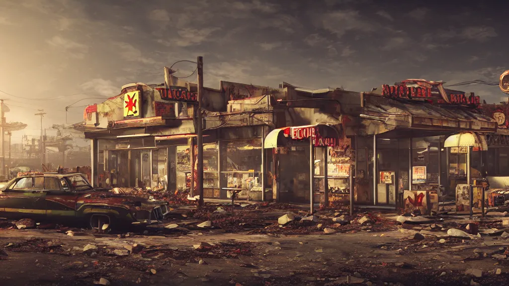 Image similar to post apocalyptic McDonald's, fallout, octane render, 4k