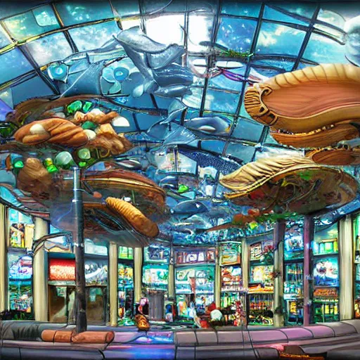 Prompt: undersea shopping center built from various sea shells, sea weed, light prisms, light diffraction, steampunk, cyberpunk, cool lights, anime, vhs distortion