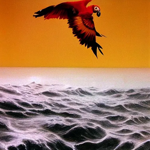 Image similar to realistic high speed photograph of the eldritch sun conure rising from the ocean depths surging with dark power by Zdzisław Beksiński