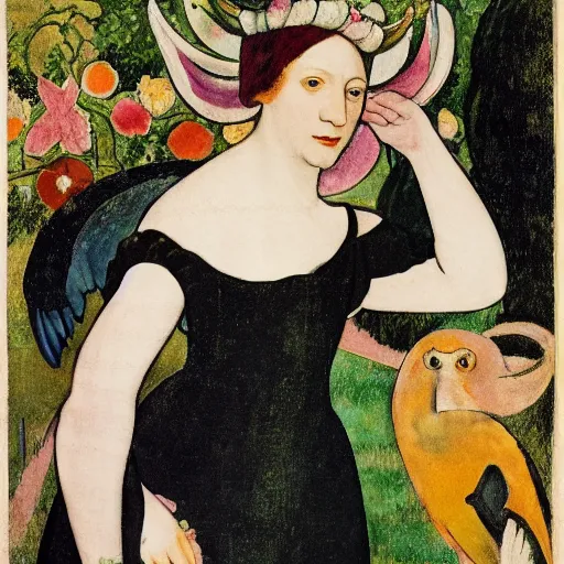 Prompt: portrait of a harpy with horns changing into a flower, fashion editorial by hans holbein and alexej von jawlensky, full body, flowing dress, in a garden