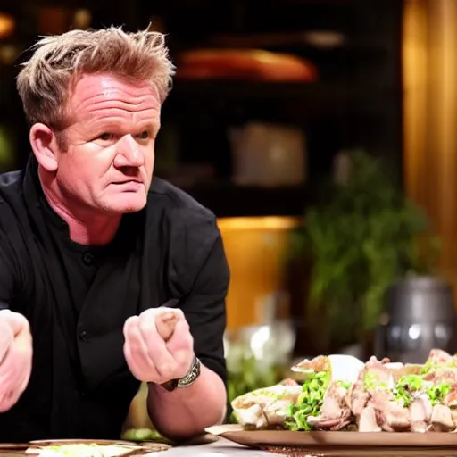 Image similar to < photo trending > gordon ramsey reacts outrageously to being served a plate overflowing with raw sliced chicken