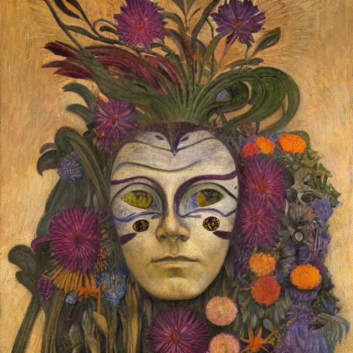 Prompt: closeup of a facemask made of flowers, by annie swynnerton and jean delville and edward hopper and evelyn de morgan and rufino tamayo, dark flower shaman, art brut, outsider art, symbolist, dramatic lighting, god rays, elaborate geometric ornament, clean crisp graphics, smooth sharp focus, extremely detailed, adolf wolfli