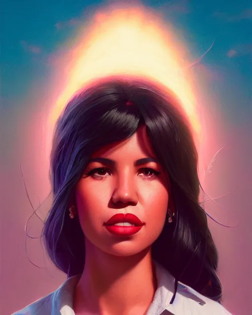 Image similar to highly detailed vfx portrait of selena quintanilla perez by stephen bliss, chalk, unrealengine, greg rutkowski, loish, rhads, beeple, chalk, makoto shinkai and lois van baarle, ilya kuvshinov, rossdraws, tom bagshaw, basil gogos