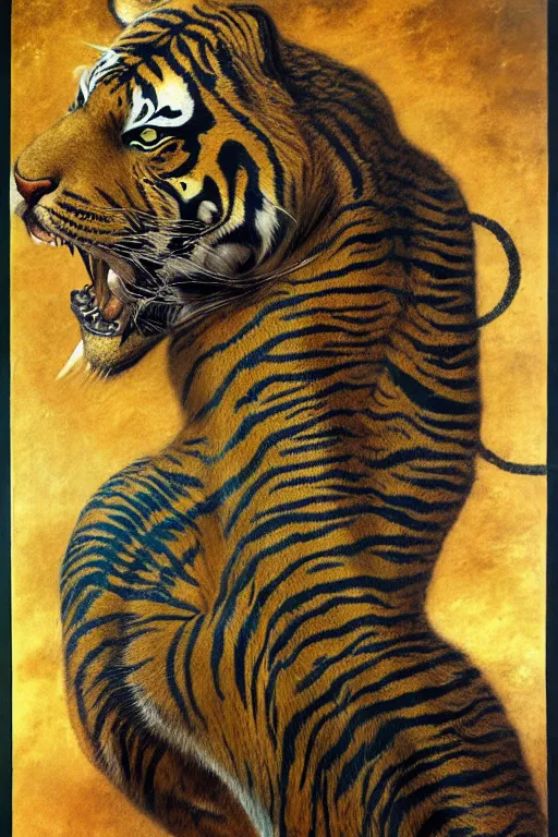 Image similar to turbulent tiger with gold and blue stripes in the style of wayne barlowe, gustav moreau, goward, bussiere, roberto ferri, santiago caruso, luis ricardo falero, austin osman spare