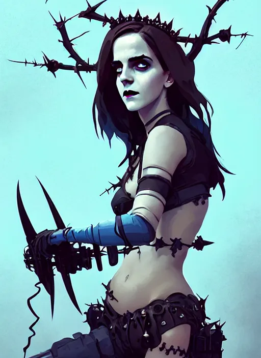 Image similar to portrait of cute goth emma watson with crown of thorns in cyber bikini armor, warhammer, cyberpunk, by atey ghailan, by greg rutkowski, by greg tocchini, by james gilleard, by joe fenton, by kaethe butcher, dynamic lighting, gradient light blue, brown, blonde cream and white color in scheme, grunge aesthetic
