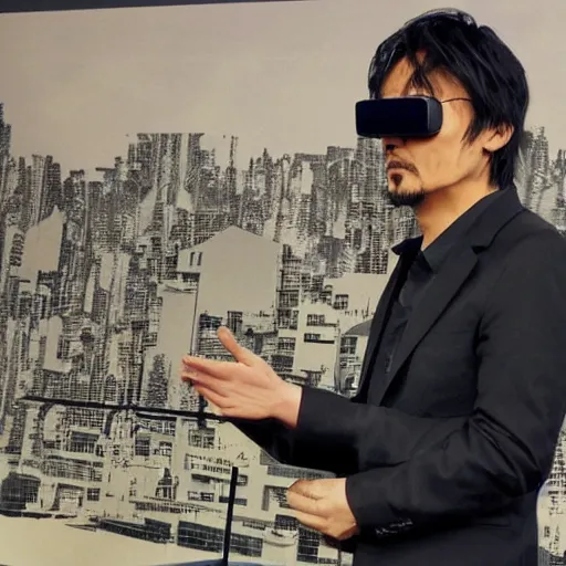 Prompt: hideo kojima, ps 2 graphics, video game presentation, low poly miniature model city, vintage vr tech, he is enthusiastic, the low poly crowd is bored, dystopia, pale colours with highlights of saturation