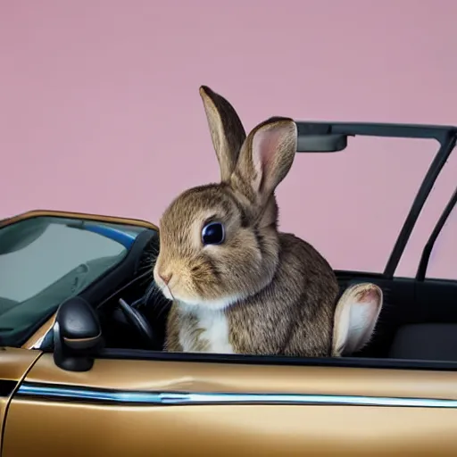 Image similar to a cute bunny driving a convertible, studio photo, high quality