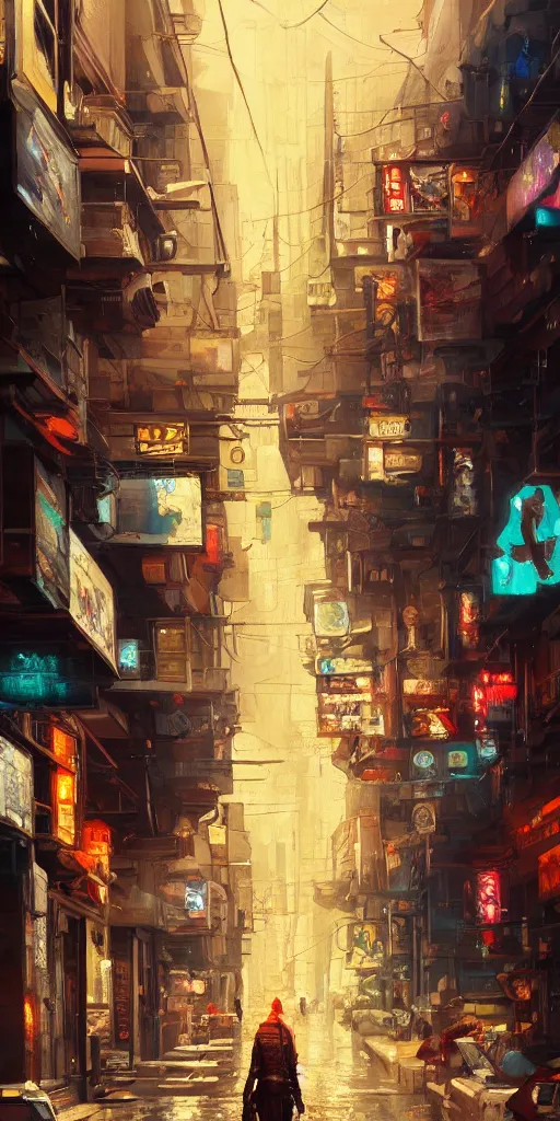 Image similar to an epic painting of the city street, oil on canvas, cold colors, perfect composition, golden ratio, beautiful detailed, photorealistic, digital painting, artstation, concept art, smooth, sharp focus, illustration, cyberpunk background, artstation trending, octane render, unreal engine