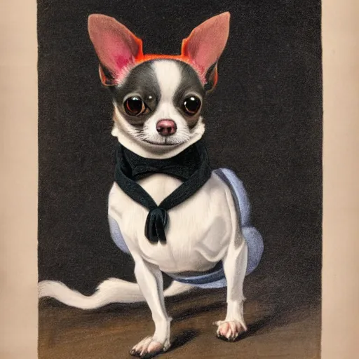 Image similar to fancy dress chihuahua painted by john james audubon. high - quality character portrait. large black eyes, slightly rounded face, pointed chin, black tank top, black leather jacket, black knee - length skirt, black choker.