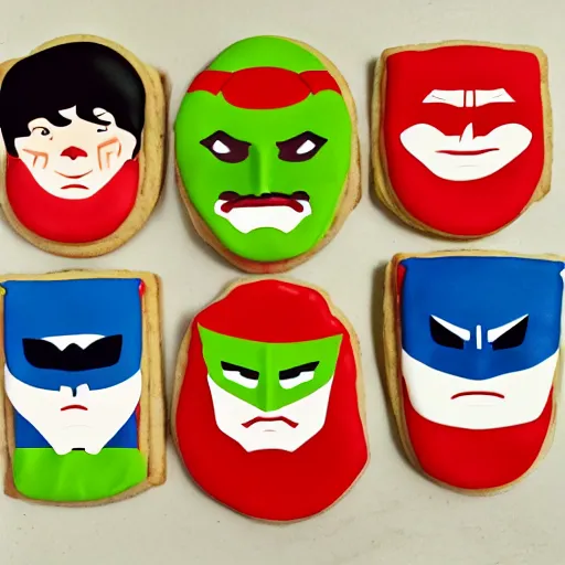 Prompt: Tray of cookies with the faces of the Justice League