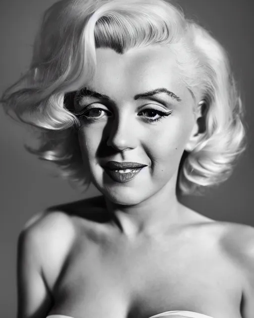 Image similar to Beautiful Head and shoulders portrait of smiling flirty seductive Marilyn monroe with platinum blonde hair, wearing a camisole by arney freytag, artstation, 35mm, fashion photoshoot, laying on a bed in a photo studio, golden hour, bokeh, rim lighting, fashion pose, octane, 4k
