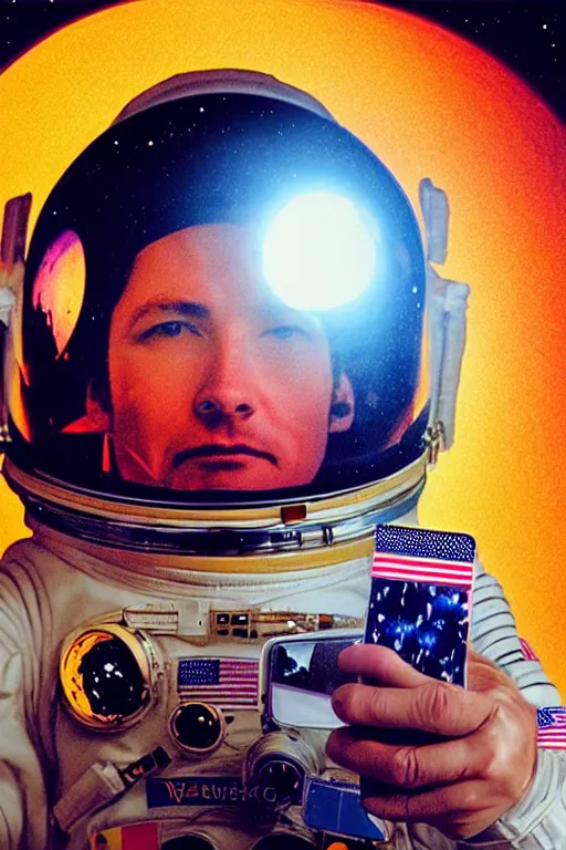 Prompt: extremely detailed studio portrait of space astronaut, holds an iphone in one hand, iphone held up to visor, reflection of iphone in visor, moon, extreme close shot, soft light, golden glow, award winning photo by david lachapelle