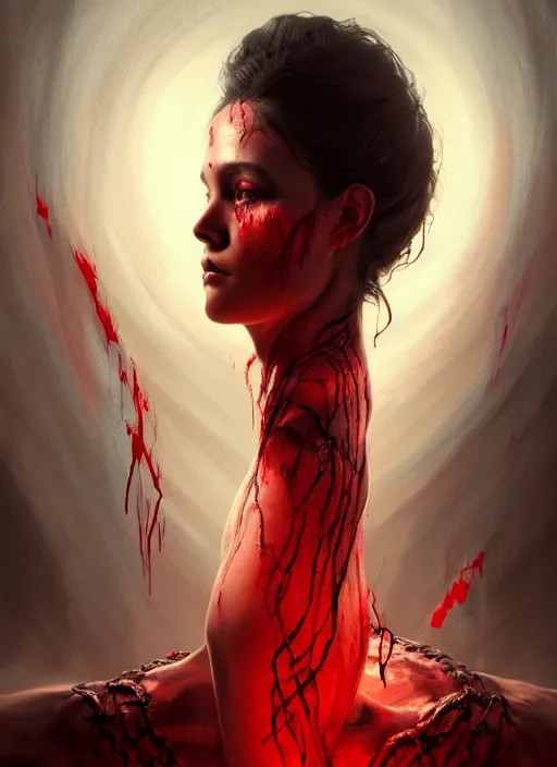 Image similar to portrait of a beautiful demon in a flowing dress made of blood, carving glowing bloody runes into a profane altar, intricate, glowing, runes, portal to hell, elegant, highly detailed, digital painting, artstation, concept art, smooth, sharp focus, illustration, art by wlop, mars ravelo and greg rutkowski