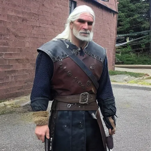 Prompt: real life geralt of rivia working as a postman