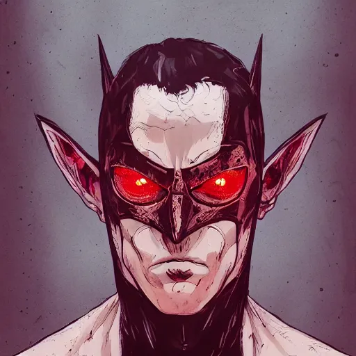 Image similar to portrait of batman with bloody clothes, intricate face, anime cel animation by kentaro miura, psychedelic, edited in photoshop, scary, epic, ilya kuvshinov, krenz cushart, artgerm, trending on artstation, edward hopper, dan mumford, wlop, rutkowski, beksinski, carl spitzweg, moebius