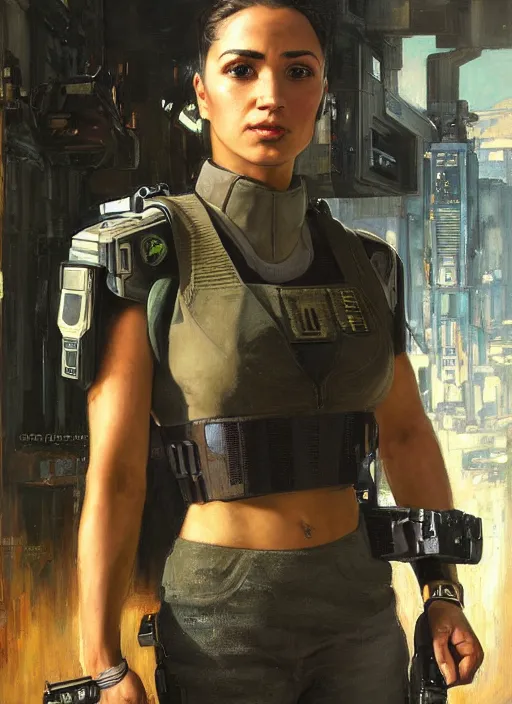 Prompt: Sgt. Maria Hernandez. cyberpunk female USN marine wearing a military vest and powerful military cyberpunk exo-suit (cyberpunk 2077, bladerunner 2049). gorgeous face. Iranian orientalist portrait by john william waterhouse and Edwin Longsden Long and Theodore Ralli and Nasreddine Dinet, oil on canvas. Cinematic, hyper realism, realistic proportions, dramatic lighting, high detail 4k