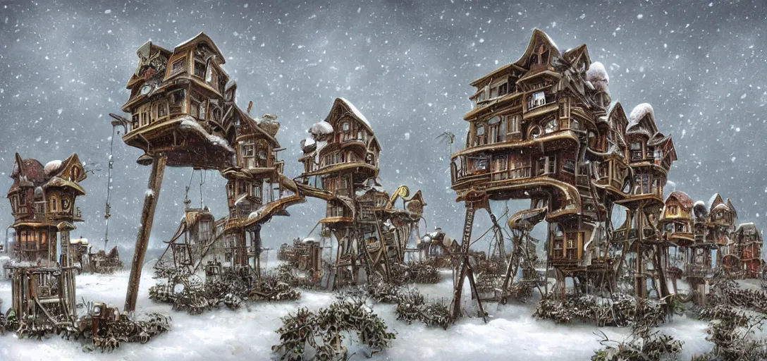 Prompt: a steampunk village on tall stilts in a snowy field, blizzard, by Naoto Hattori,