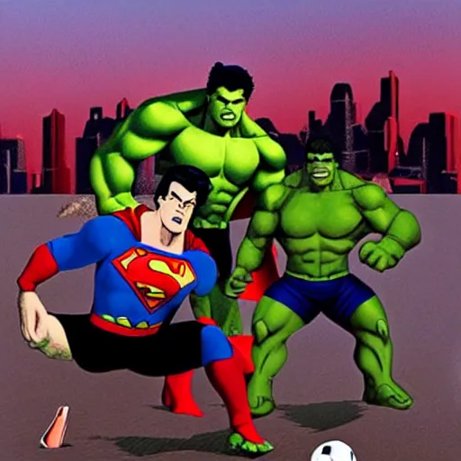 Image similar to supermen and hulk playing soccer at desert, a crowd watching they play