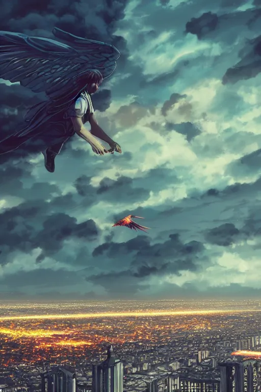 Image similar to concept art painting of a guy with wings flying over city, ground view, moody vibe, moody lighting, artgerm, moebius, inio asano, toon shading, cel shading, calm, tranquil, vaporwave colors,