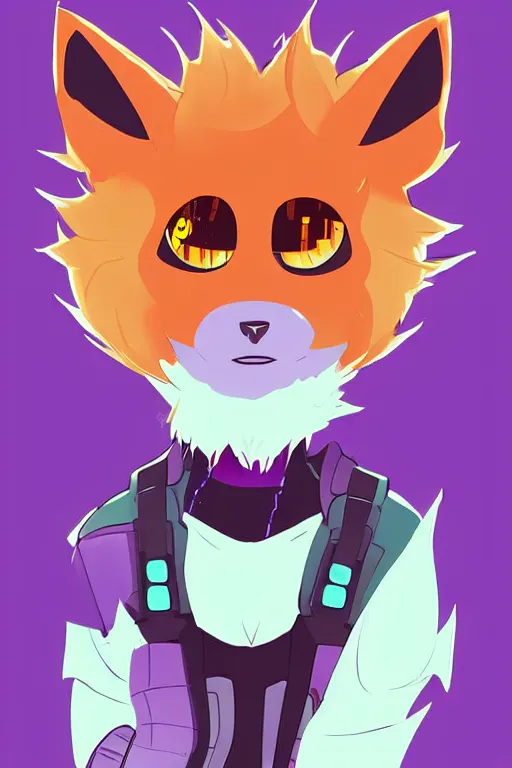 Image similar to a cute cyberpunk anthropomorphic fox with purple fur and yellow eyes and a fluffy tail, comic art, trending on furaffinity, cartoon, kawaii, backlighting, furry art!!!, cel shading, concept art, lineless