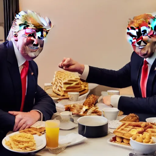 Image similar to photograph of trump and Biden sitting and eating breakfast at a Wafflehouse