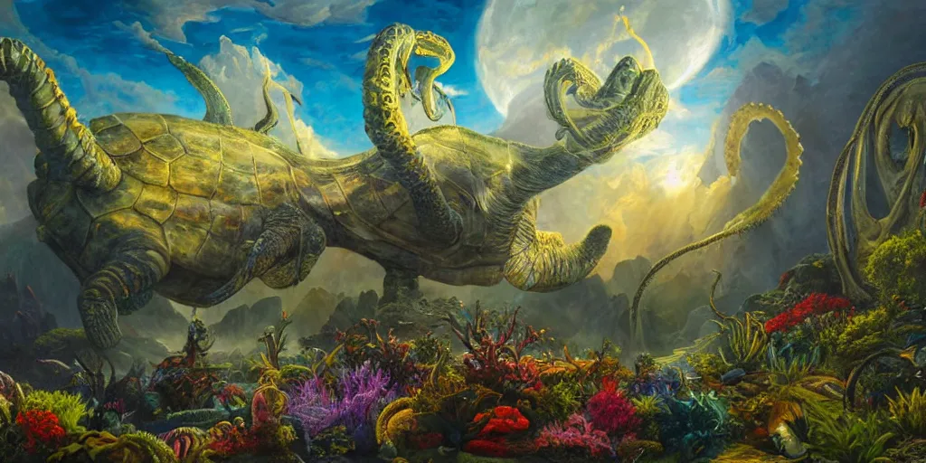 Image similar to fantasy oil painting, great leviathan, cybernetic turtle cephalopod terrapin reptilian pachyderm squid, bella hadid, hybrid, milla jovovich, anubis, epic natural light, lush plants flowers, spectacular mountains, bright clouds, luminous sky, outer worlds, golden hour, michael cheval, edward hopper, michael whelan, vray, hd