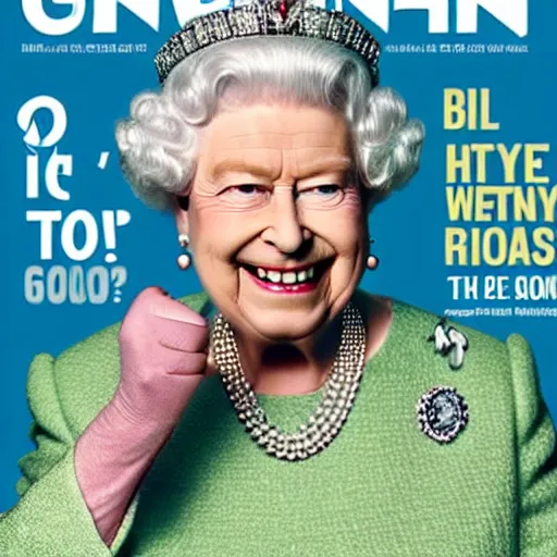 Image similar to the queen of england grinning and flipping the bird, in a magazine cover photo.