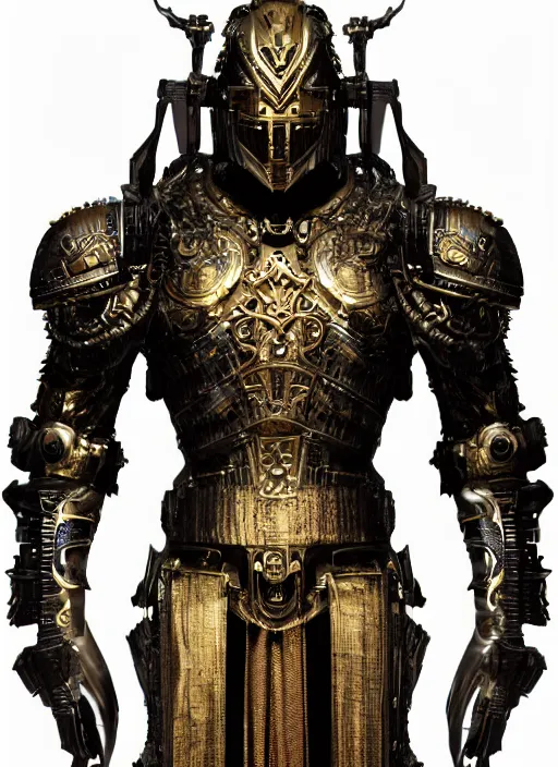 Prompt: hyper realistic glorious ancient in a obsidian metal armor, futuristic design, portrait, cyberpunk style, wood and gold details, intricate, extremely detailed, ornate, deep of field, hard surface, exoskeleton, substance designer metal unreal engine. amazing likeness. very detailed.