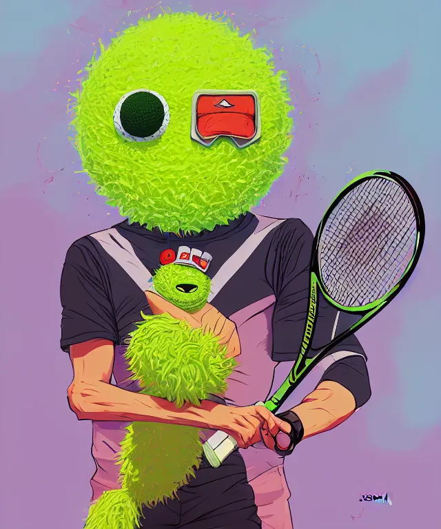 Prompt: a portrait of a tennis ball monster holding a tennis racket, fantasy, elegant, digital painting, artstation, concept art, matte, sharp focus, illustration, art by josan gonzalez