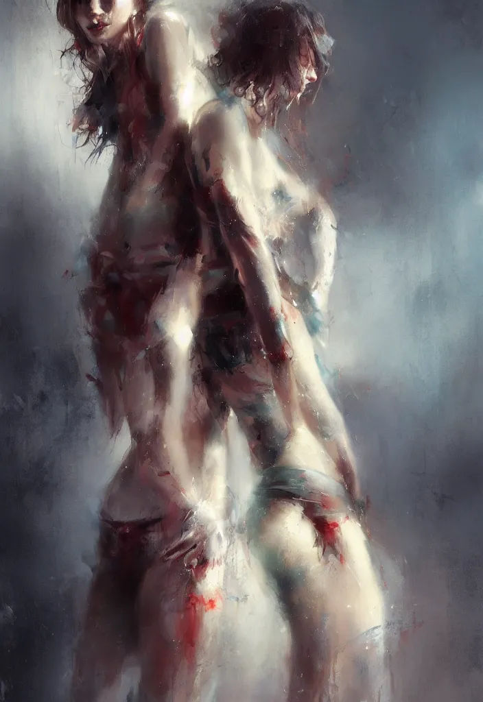 Image similar to full body portrait of a duo of 2 0 years old girl figures, messy hair, oriental tattoos, bespoke tailor suits, beautiful, dramatic, cinematic lighting, few fire red highlights, by jeremy mann and greg rutkowski, oil on canvas, artstation, pixiv