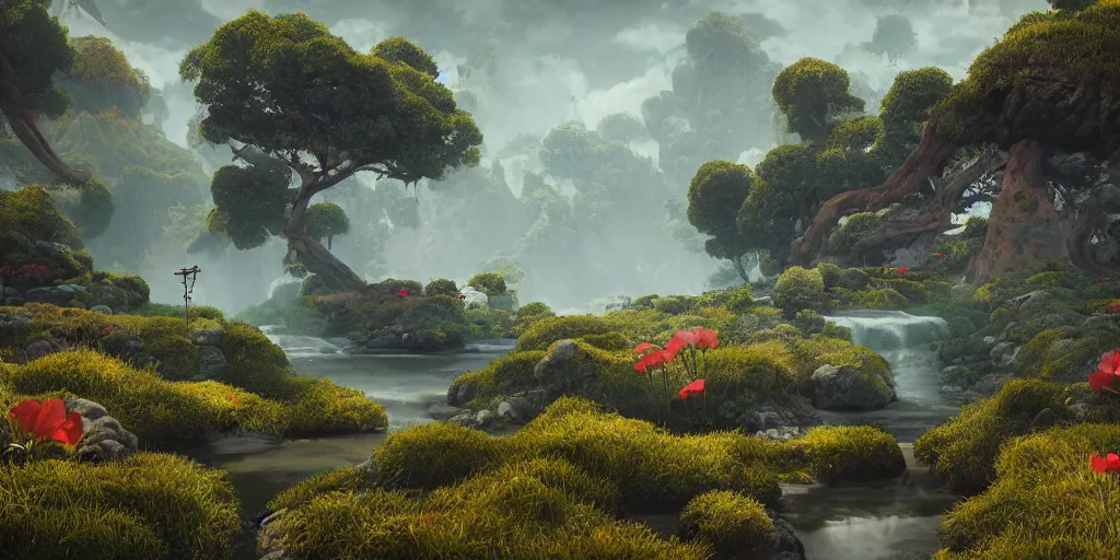 Image similar to 3d rendered landscape painted by james jean playstation journey style , redshift, octane