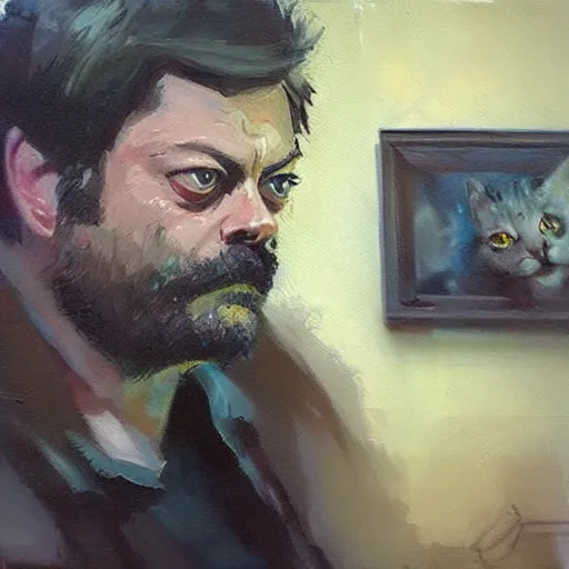 Image similar to cat who looks like nick offerman, jeremy mann painting