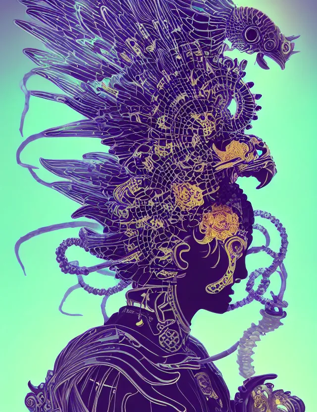 Image similar to 3 d goddess close - up profile solarpunk portrait ram skull. beautiful intricately detailed japanese crow kitsune mask and clasical japanese kimono. betta fish, jellyfish phoenix, bio luminescent, plasma, ice, water, wind, creature, artwork by tooth wu and wlop and beeple and greg rutkowski