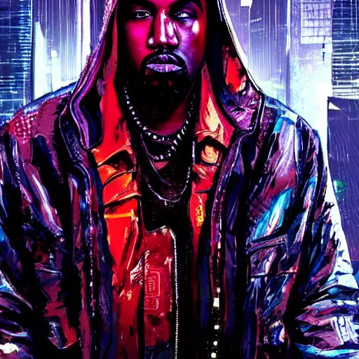 Image similar to cyberpunk kanye west character art, epic background, epic composition, hdr, full body gauche painting, arcane art style