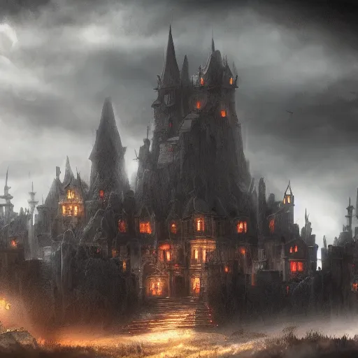 Prompt: a fantasy castle enshrouded by everlasting darkness, atmospheric, wide shot, high definition, high detail, foreboding, artstation