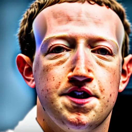 Prompt: extremely zoomed-in photo of Mark Zuckerberg's sad face being sad