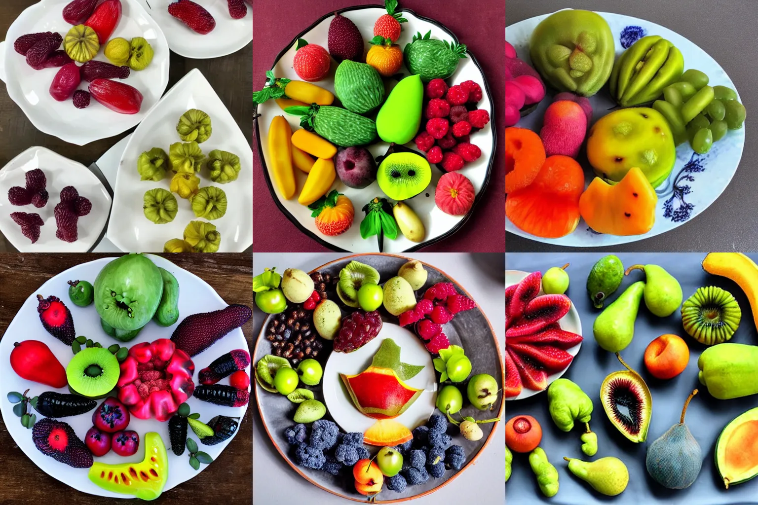 Prompt: A plate of various alien fruits