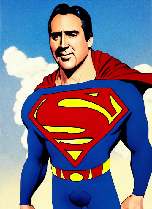 Prompt: nicholas cage as superman, in clouds, portrait by greg hildebrandt, studio lighting, muted colors, by terry richardson, by frank frazetta, extreme detail, reflections, trending on artstation, 8 k