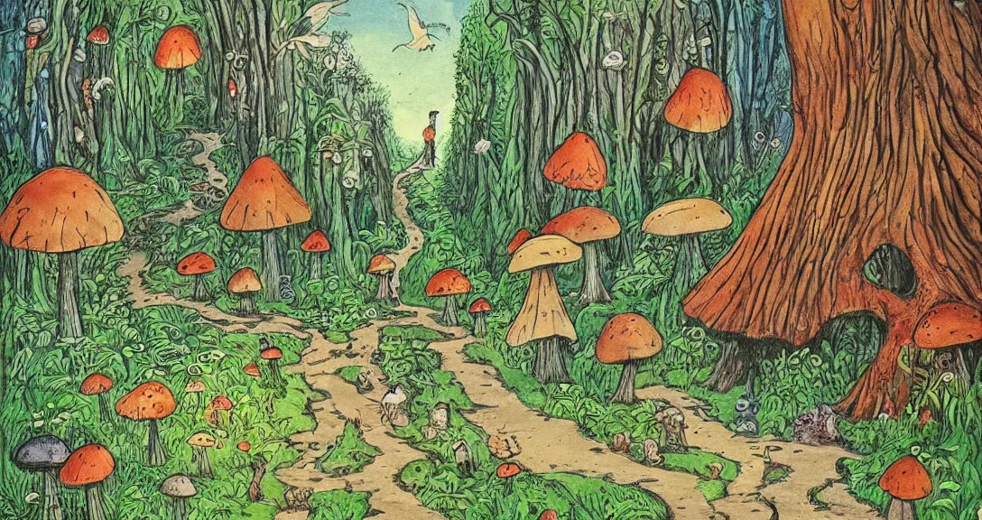 Image similar to road in a forest road, with different birds and animals, small and big fairy tale buildings, giant mushrooms, weird creatures, highly detailed, fantasy art, fairy tale illustration, book illustration, by tove jansson