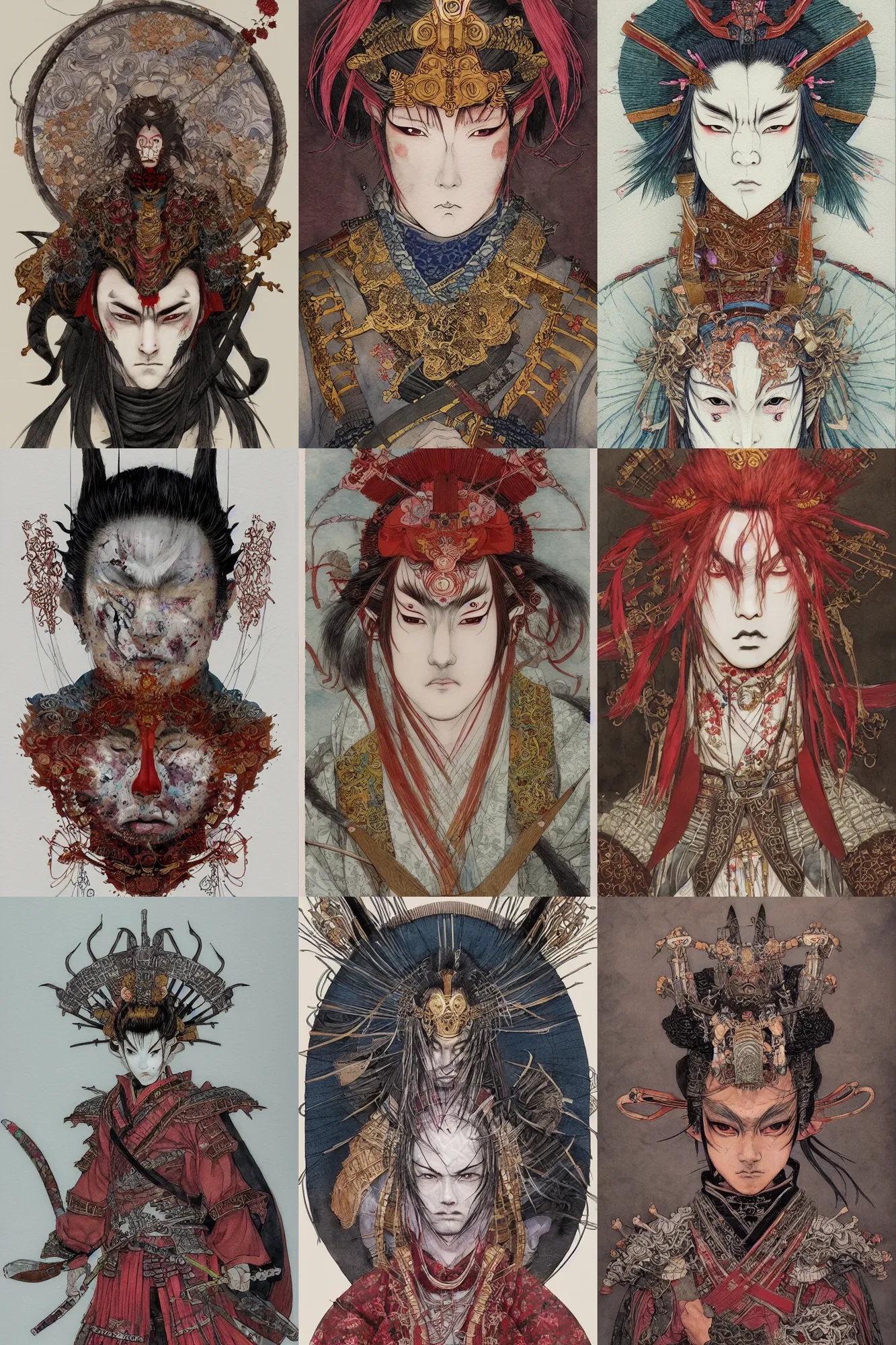 Prompt: watercolor painting of a male japanese bjd samurai warrior magus wearing a mempo in the style of dark - fantasy painted by yoshitaka amano, takato yamamoto, ayami kojima, dmt art, symmetrical face portrait, intricate detail, concept art, artstation, cgsociety, artgerm, rococo, sakura flowers, red, bronze