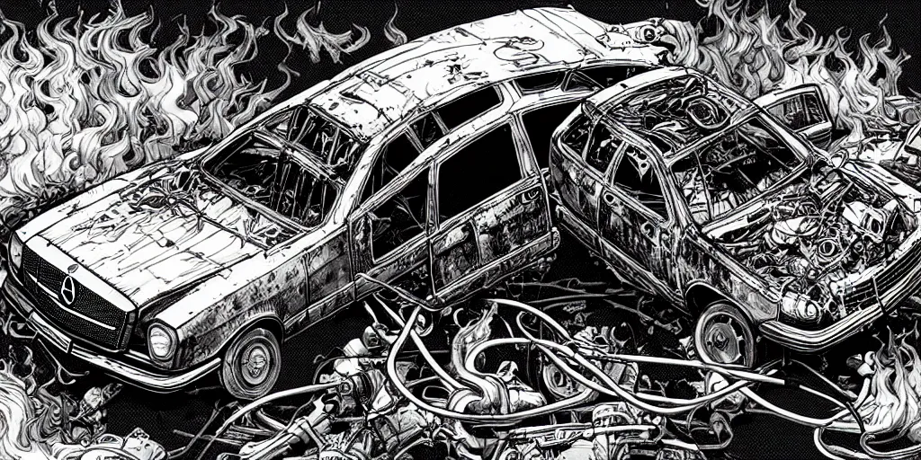 Prompt: a big woman axolotl in evil burning wrecked mercedes 1 2 4, ultrafine hyperdetailed illustration by kim jung gi