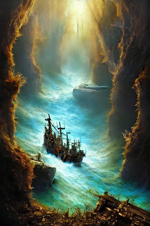 Prompt: a pirateship wreck in a crystal gorge, river running thru the middle, by tomasz alen kopera and Justin Gerard.