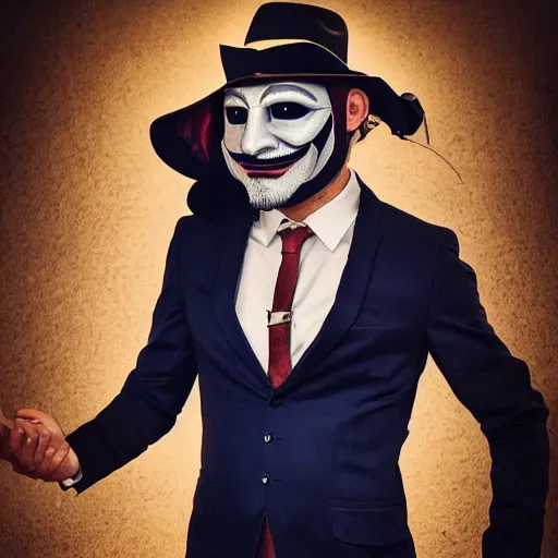 Prompt: australian man in the style of guy fawkes mask, professional cosplay, cinematic, key light, 4 k, 8 k, photorealistic, ultra realistic, hyperrealistic, funny