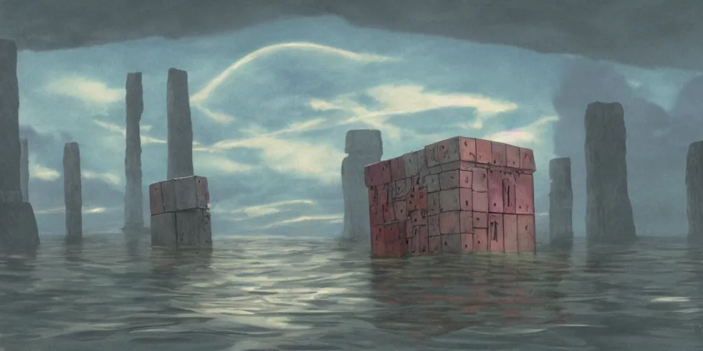 Image similar to a realistic and atmospheric cell - shaded concept art from howl's moving castle ( 2 0 0 4 ) of a multi - colored cube from close encounters of the third kind ( 1 9 7 7 ) over a flooded stonehenge. it is a misty starry night. very dull colors, hd, 4 k, hq