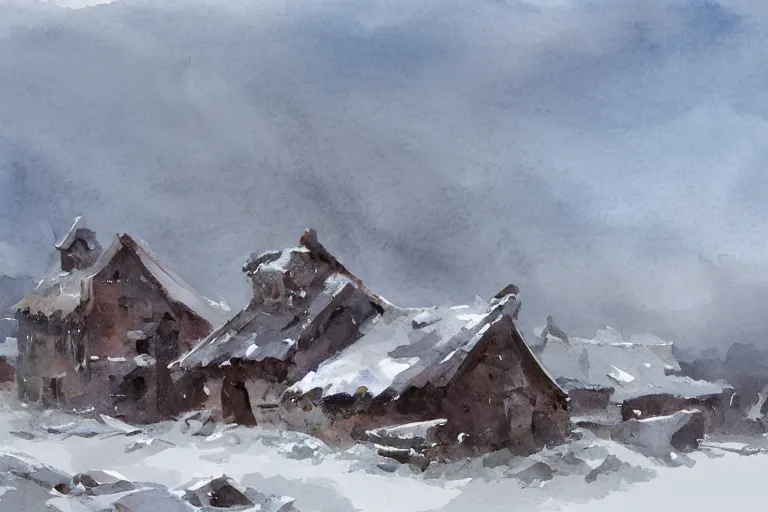 Image similar to small centered on watercolor paper, paint brush strokes, abstract watercolor painting of ancient viking house ruins in snow, daylight, blue sky, cinematic light, national romanticism by hans dahl, by jesper ejsing, by anders zorn, by greg rutkowski, by greg manchess, by tyler edlin