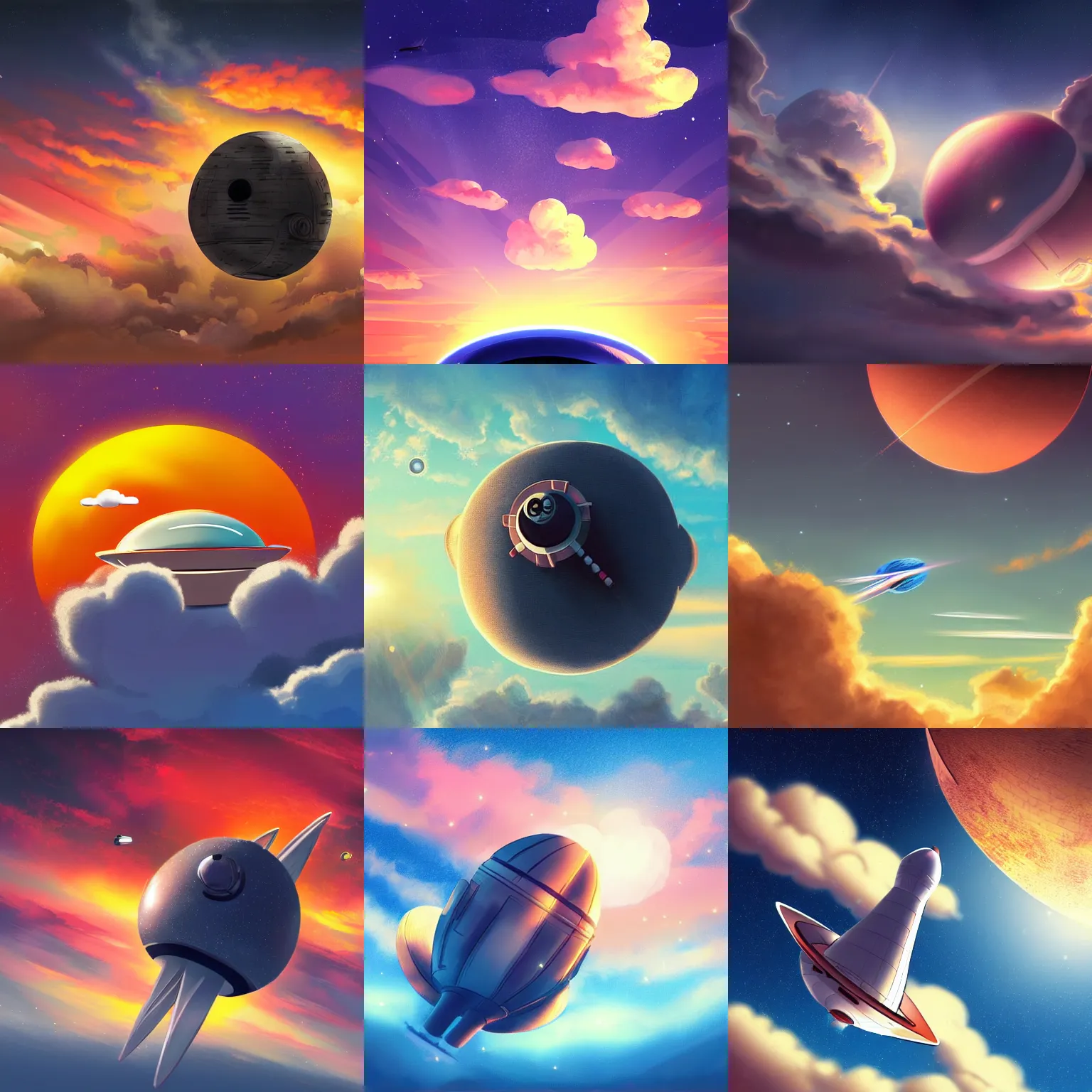 Prompt: a round spaceship launching into the sky, sunset, fluffy clouds, beautiful digital art, pixiv